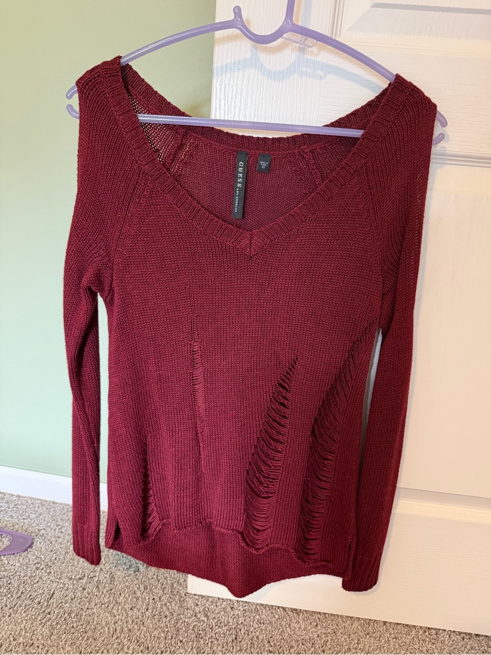 GUESS Burgundy Distressed V-Neck Sweater
